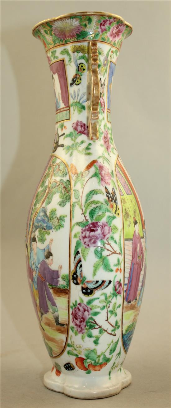 A Chinese Canton-decorated famille rose two handled vase, Jiaqing / Daoguang period, 31.5cm, rim chip